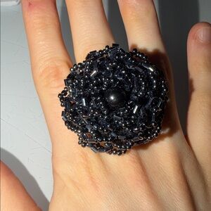 Beaded Black Glass Flower Ring